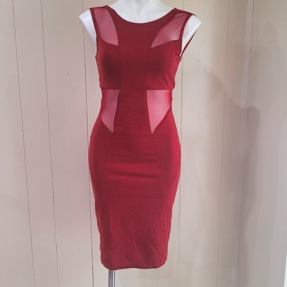 ASOS Dresses & Skirts - ASOS Embellished Bodycon Mesh Cutout Dress Petite size 6 Burgundy Stretch